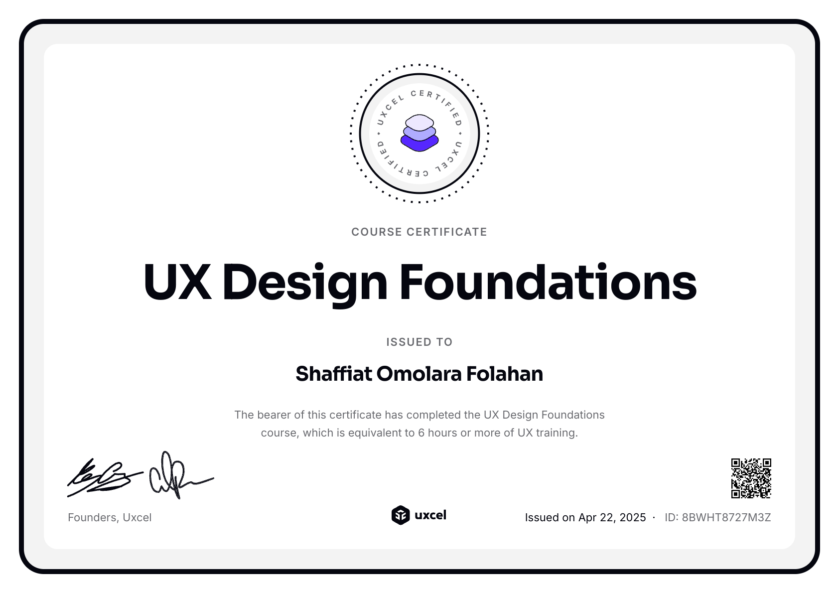 Shaffiat Folahan's certificate